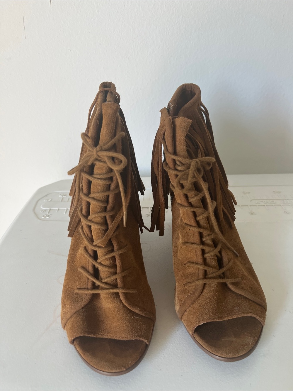 Steve Madden Brown Suede Fringe Lace-Up Peep-Toe Ankle Heels